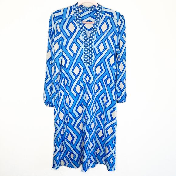J McLaughlin Emer Long Sleeve Blue White Vilhada Souk Geometric Print Mini Dress - Picture 16 of 16